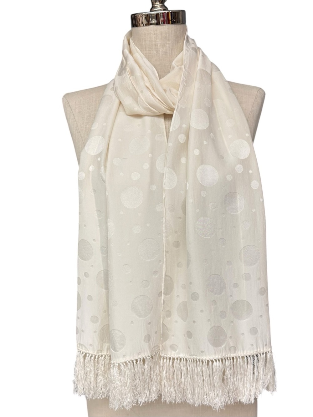 Vintage Vera Neumann Ivory Silk Polka Dot Scarf with Fringe, 60s Mod Scarf